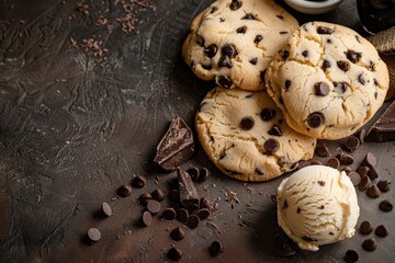 Selection of chocolate sweets - donut, ice cream, cookies, top view. Beautiful simple AI generated image in 4K, unique. - obrazy, fototapety, plakaty