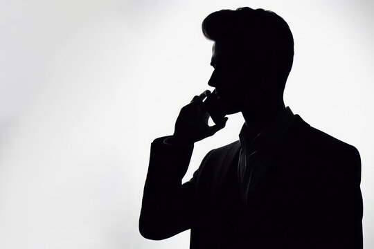 Silhouette of a man talking on the phone. Space for text.