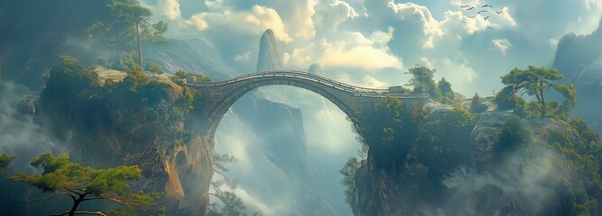 Mountain Bridge that Connects to the Heavens as a Portal to the Sky