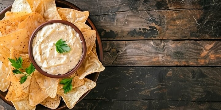 A plate of nachos with a bowl of queso dip