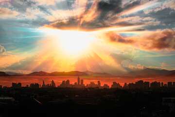 The solar radiation coming from the sun reaches the city.