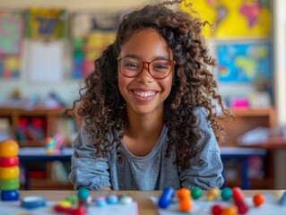 Fototapeta premium portrait of a smiling school girl with curly hair wearing glasses