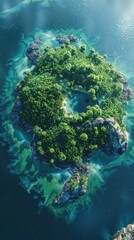 Small island with green vegetation and a blue lagoon