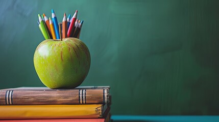 Green Apple and Books with School Supplies on White Background