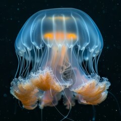 Fototapeta premium A glowing jellyfish floats gracefully through the dark ocean waters