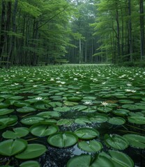 Mystical pond in the middle of the forest with beautiful white lotuses