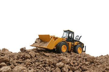Wheel loader digging soil in the construction site on isolated white background.