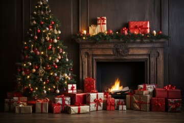 Christmas tree and fireplace with presents
