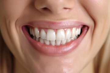 Obraz premium Close-up of a bright healthy smile with white teeth. Studio photography with focus on dental health and beauty. Dental care and hygiene concept