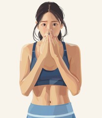 embarrassed woman in sportswear covering her mouth with hands - obrazy, fototapety, plakaty