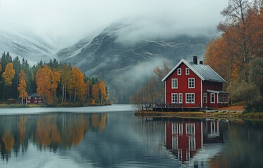 Fototapeta premium Scandinavian red home on a lake in the mountains