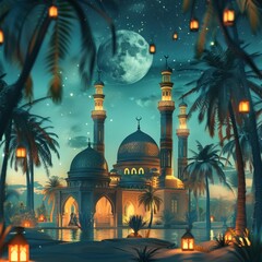 Illuminated Islamic Mosque at Night with Lanterns and Palm Trees in Background