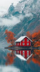Fototapeta premium Scandinavian red home on a lake in the mountains