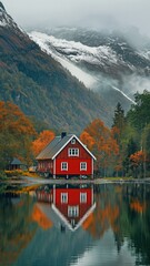 Fototapeta premium Scandinavian red home on a lake in the mountains
