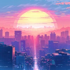 Naklejka premium big city in Asia. City view with beautiful sunset. cyberpunk