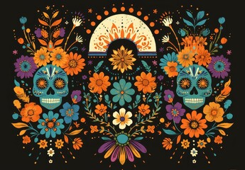 colorful sugar skulls with floral designs, set against a dark background. The design incorporates bright colors, creating an atmosphere filled with joyous celebration for the Day of the Dead