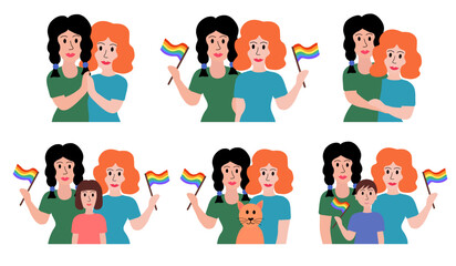 LGBT concept. Lesbian married couple. Women adopted boy or girl. Holding multicolored flag Pride Parade and hugging. Colorful vector illustration in flat style.