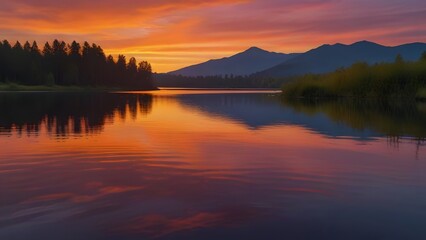 Naklejka na ściany i meble Lakefront Luminance: Mesmerizing Sunrise Over the Serene Waters/Riverside Radiance: Captivating Sunrise Over the Flowing Waters