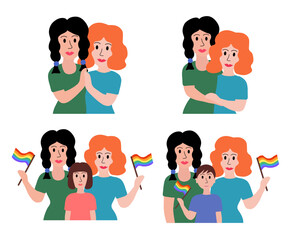 LGBT concept. Lesbian married couple. Women adopted boy or girl. Holding multicolored flag Pride Parade and hugging. Vector illustration in flat style.