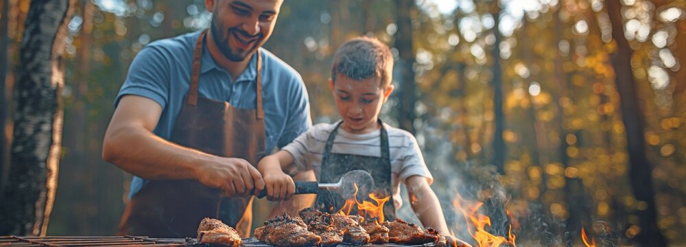 Outside on the grill, the father and son are cooking BBQ. Fry marinated beef over fire.