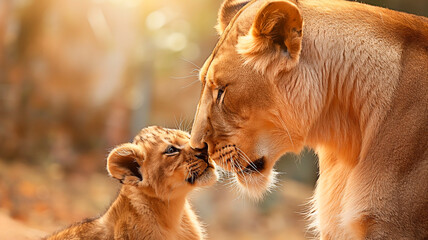 Adorable lion cub licking its mother's head in the wilderness. 