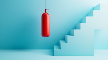 Large blue room with endless stairs, empty, with one hanging red punching bag