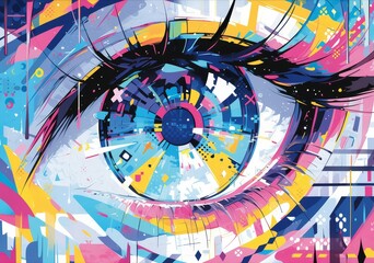 A vibrant pop art-inspired eye design with bold colors and geometric patterns, showcasing the essence of street style in digital illustration. 
