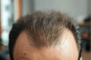 Obraz premium Close-up of a man experiencing hair thinning, focusing on the top of his head. Hair loss awareness and treatment concept. Design for health care articles, dermatology and hair care solutions