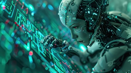 Woman robot cyborg modern artificial intelligence machine human future technology background AI generated image
