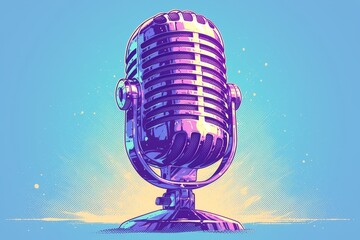 A vintage microphone on an abstract background with retro patterns and halftone dots