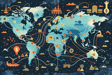 A world map crisscrossed with arrows and icons representing international trade routes, highlighting areas of economic volatility and investment flows