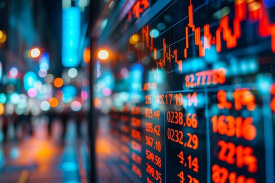 Dynamic stock market display with glowing digital financial data on a blurred urban background. Finance and investment concept. Design for financial articles, market analysis reports, and investment - Powered by Adobe
