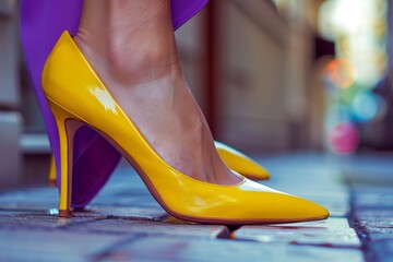 Stylish Yellow High Heels on Cobblestone Street
