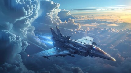 Jet airplane with modern technology above cloud sky tall Background wallpaper AI generated image