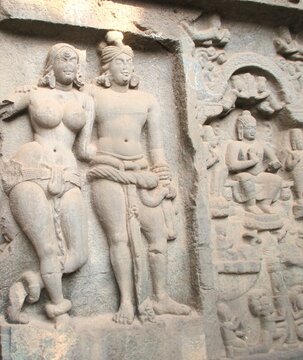 At Karla Caves, ancient Buddhist Indian rock-cut caves at Karli, Maharashtra, India