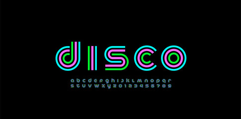 Modern stylized striped font, minimalistic trendy alphabet made disco style, graphic bright letters and numerals, vector illustration 10EPS