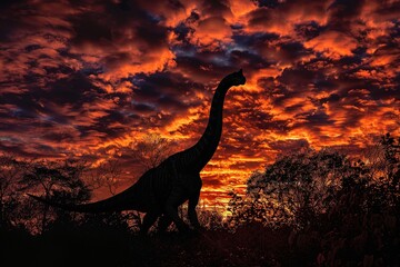 A Brachiosaurus standing tall among a prehistoric forest clearing, a dramatic sunset backlighting the scene - obrazy, fototapety, plakaty