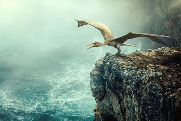 A close-up of a Pteranodon perched atop a craggy cliff, overlooking a turbulent ocean