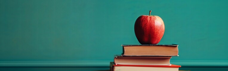 Green Apple and Books with School Supplies on White Background