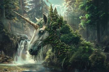 Unicorn Horse's head with a waterfall transforming into forest.
Animal head with tree and waterfall that morphs into tree branches, forest.