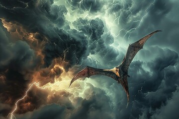 A dramatic scene of a Pterosaur soaring through a stormy sky, lightning illuminating its wingspan
