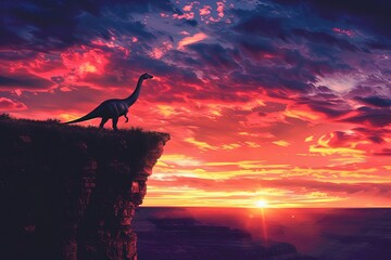 A dramatic sunset scene featuring the silhouette of a Brachiosaurus against a vividly colored sky