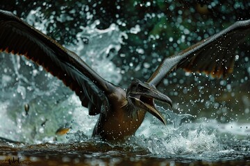A dramatic scene of a Pteranodon hunting, diving towards a prehistoric lake to catch fish