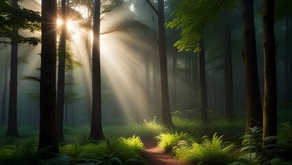 Mystic Dawn: A Foggy Forest Morning