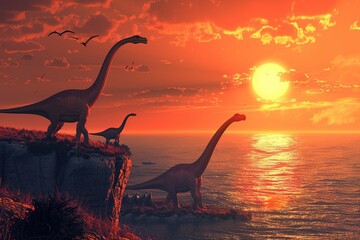 A dramatic sunset scene with a herd of Brachiosaurus at the edge of a cliff overlooking a vast ancient ocean