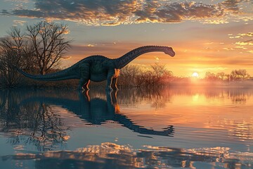 A hyper-realistic depiction of a Brachiosaurus at the water's edge, reflecting on a tranquil lake at sunset. The scene is peaceful, with the colors of the setting sun beautifully mirrored in the water