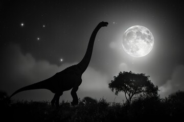A monochrome photograph of a Brachiosaurus silhouette, dramatic and towering, against a full moon night sky