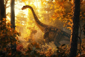 A majestic Brachiosaurus standing tall among towering trees, its long neck reaching into the canopy to feed