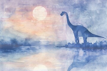 A serene watercolor painting of a Brachiosaurus at dawn, its silhouette softly outlined against a pastel-colored sky