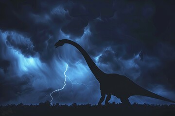A side profile of a Brachiosaurus, its silhouette outlined against a dramatic stormy sky. Lightning strikes in the distance, highlighting the dinosaur's scale and the primal power of nature